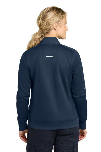 Person wearing a navy blue jacket with a logo on the back against a white background, Carhartt® Women’s FLD & RSCU 1/2-Zip Mid-Layer, Embroidered