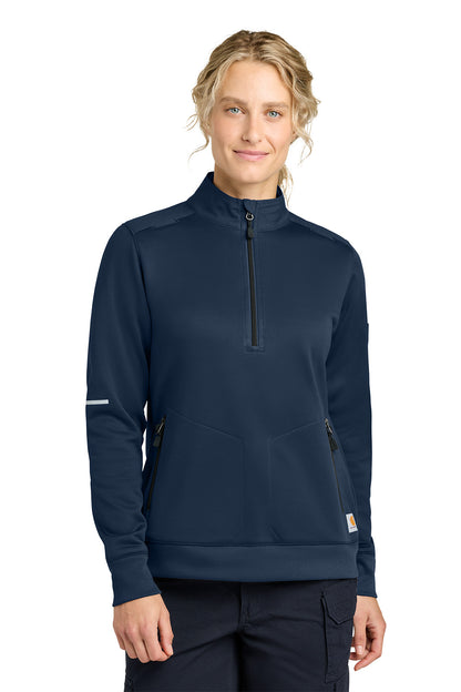 Person wearing a navy blue pullover with a white background, Carhartt® Women’s FLD & RSCU 1/2-Zip Mid-Layer, Embroidered