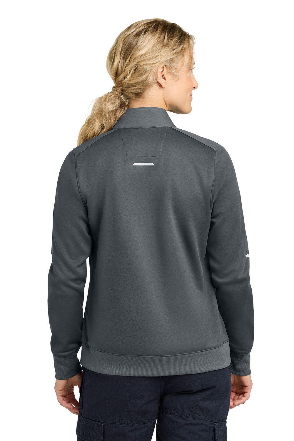 Person wearing a gray pullover with a visible brand logo on the back against a white background, Carhartt® Women’s FLD & RSCU 1/2-Zip Mid-Layer, Embroidered