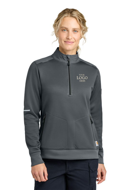 Person wearing a gray pullover with a logo placeholder on a white background, Carhartt® Women’s FLD & RSCU 1/2-Zip Mid-Layer, Embroidered