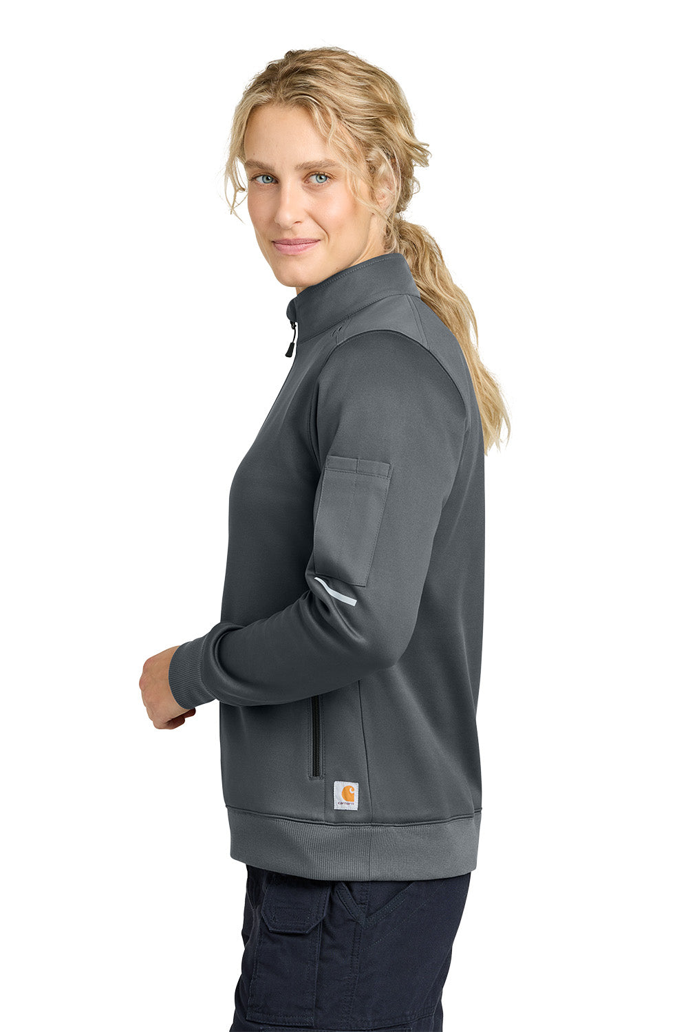 Woman wearing a gray Carhartt jacket on a white background, Carhartt® Women’s FLD & RSCU 1/2-Zip Mid-Layer, Embroidered