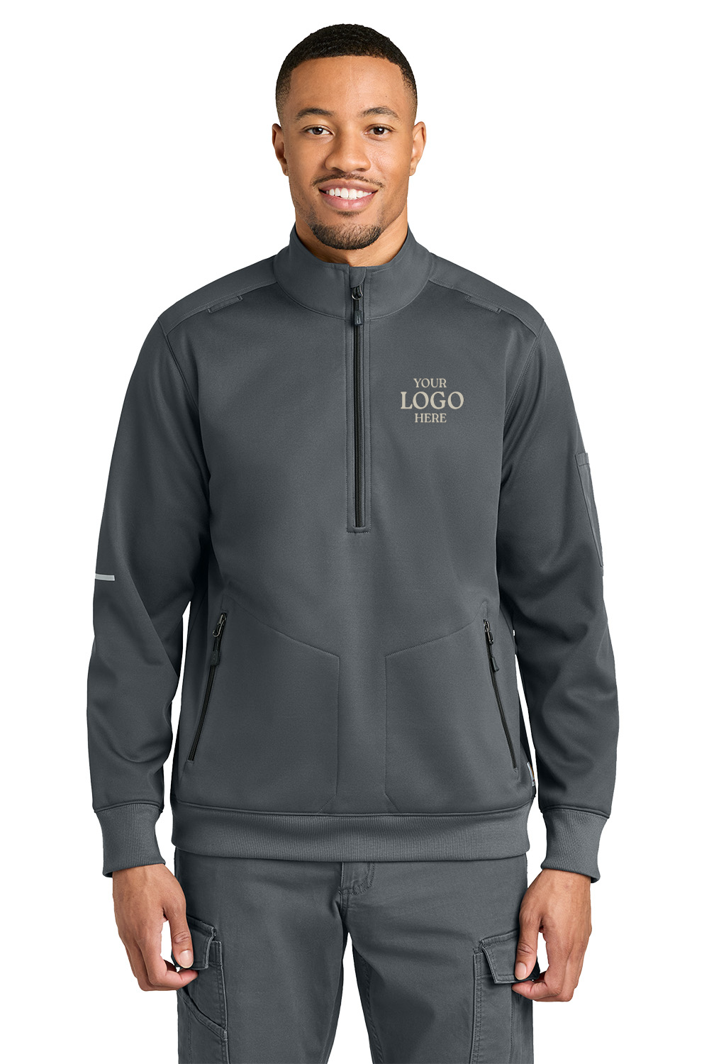 Man wearing a gray pullover with a logo placeholder on a white background, Carhartt® FLD & RSCU 1/2-Zip Mid-Layer, Embroidered