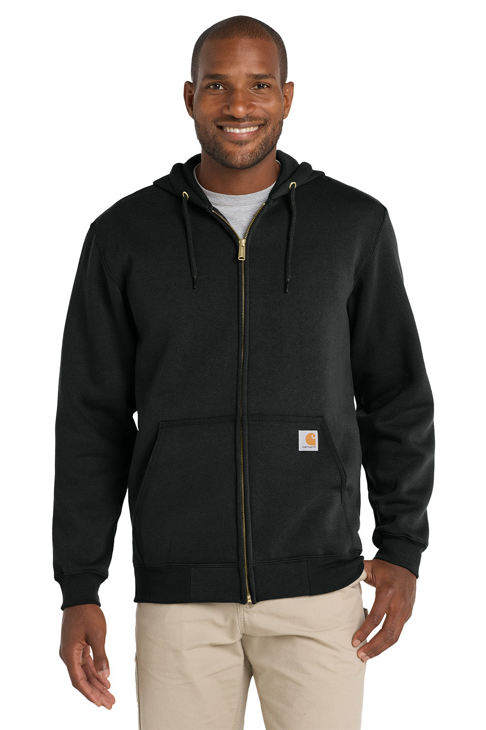 Man wearing a black Carhartt hoodie on a white background, Embroidered Carhartt® Midweight Hooded Zip-Front Sweatshirt