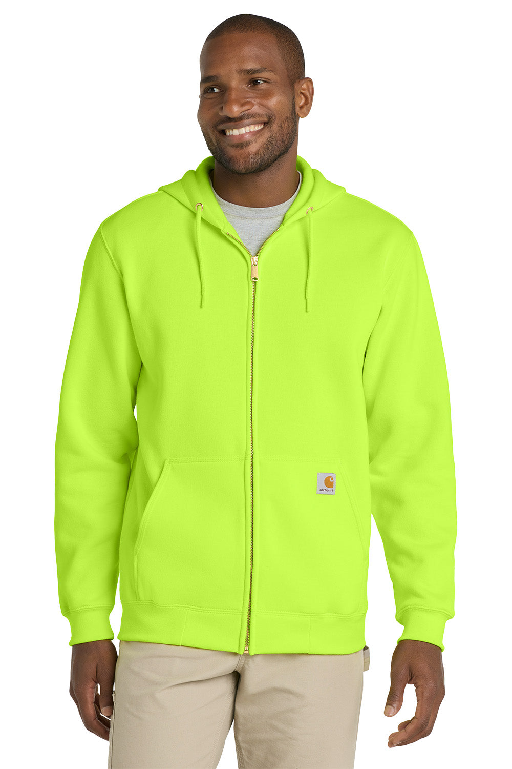 Man wearing a bright green hoodie with a visible brand logo on a white background, Embroidered Carhartt® Midweight Hooded Zip-Front Sweatshirt
