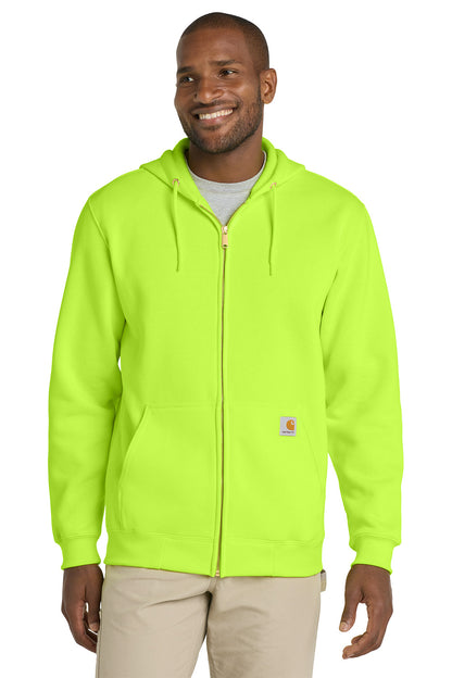 Man wearing a bright green hoodie with a visible brand logo on a white background, Embroidered Carhartt® Midweight Hooded Zip-Front Sweatshirt