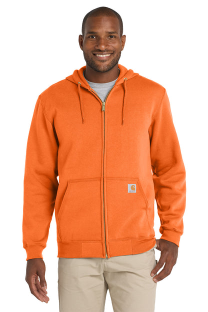 Man wearing an orange hoodie with a visible brand logo on a white background, Embroidered Carhartt® Midweight Hooded Zip-Front Sweatshirt