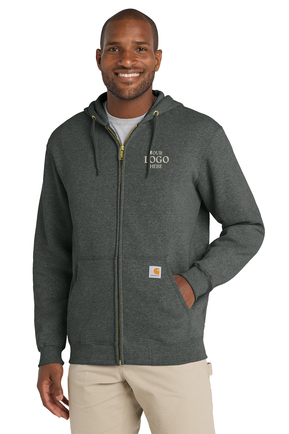 Man wearing a gray hoodie with a logo on a white background, Embroidered Carhartt® Midweight Hooded Zip-Front Sweatshirt