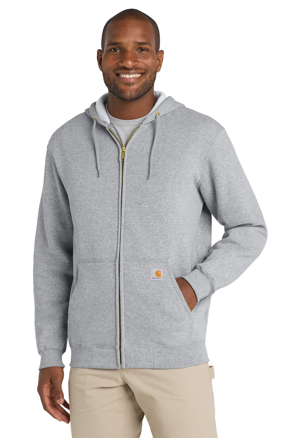 Man wearing a gray hoodie with a white background, Embroidered Carhartt® Midweight Hooded Zip-Front Sweatshirt