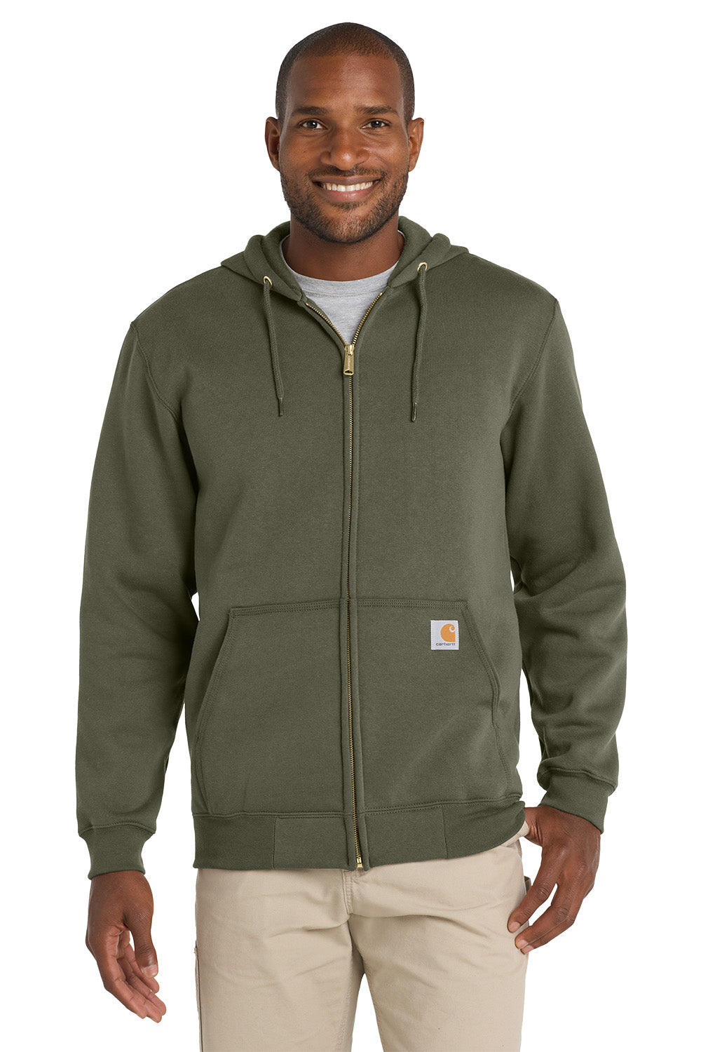 Man wearing a green hoodie with a visible brand logo on a white background, Embroidered Carhartt® Midweight Hooded Zip-Front Sweatshirt
