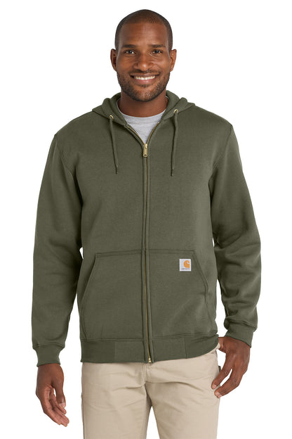 Man wearing a green hoodie with a visible brand logo on a white background, Embroidered Carhartt® Midweight Hooded Zip-Front Sweatshirt