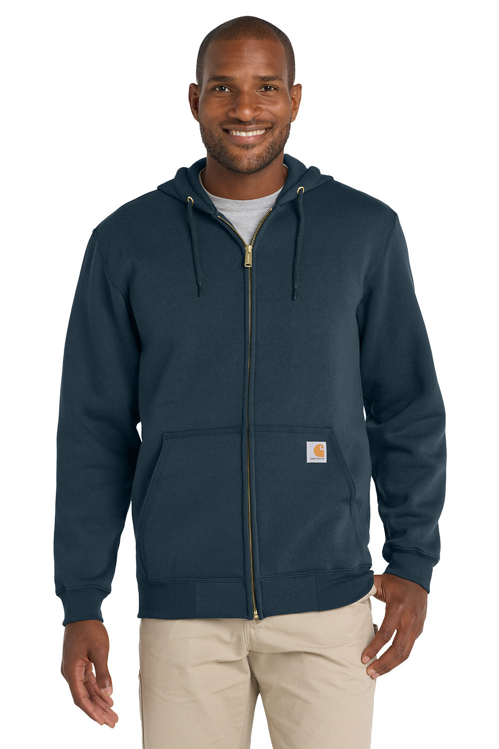 Man wearing a navy blue hoodie with a visible brand logo on a white background, Embroidered Carhartt® Midweight Hooded Zip-Front Sweatshirt