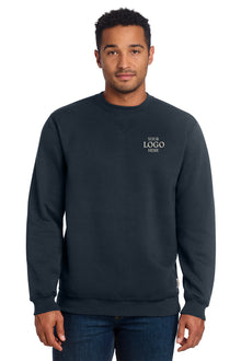 Man wearing a navy blue sweatshirt with 'Your Logo Here' text on a white background, Embroidered Carhartt® Midweight Crewneck Sweatshirt