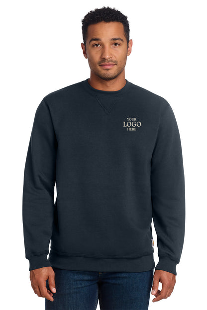 Man wearing a navy blue sweatshirt with 'Your Logo Here' text on a white background, Embroidered Carhartt® Midweight Crewneck Sweatshirt
