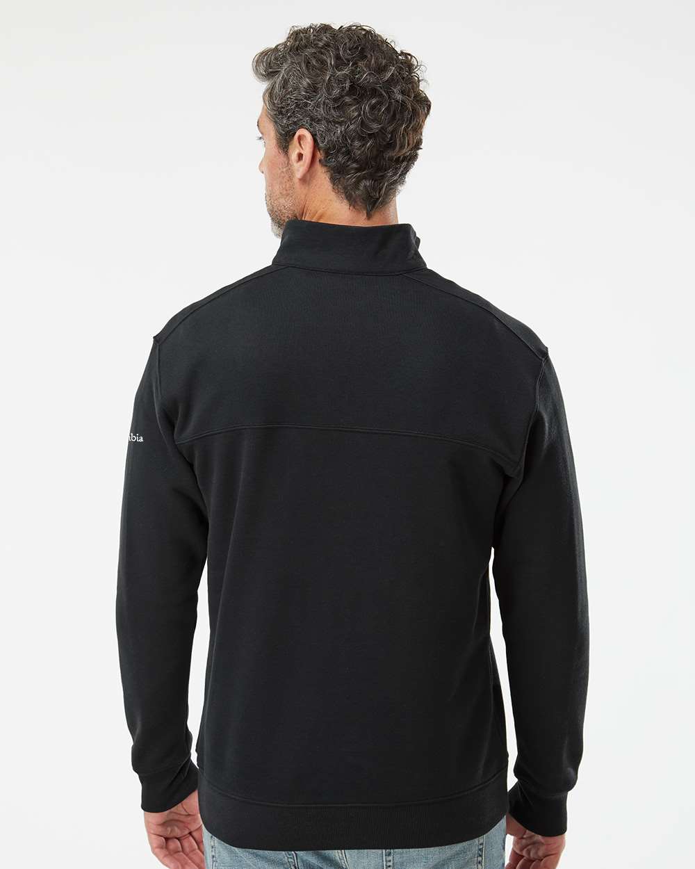 Man wearing a black jacket on a white background. Columbia Men's Hart Mountain™ II Half-Zip Pullover, Embroidered by Helmsman Stitch Co.