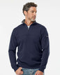 Man wearing a navy blue pullover with a brand logo on a white background. Columbia Men's Hart Mountain™ II Half-Zip Pullover, Embroidered by Helmsman Stitch Co.