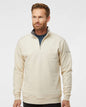 Man wearing a beige pullover with Columbia logo on a light gray background. Columbia Men's Hart Mountain™ II Half-Zip Pullover, Embroidered by Helmsman Stitch Co.