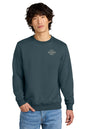 Person wearing a dark blue sweatshirt with 'PLACE LOGO HERE' text on a white background, Embroidered District® Perfect Weight® Fleece Crew
