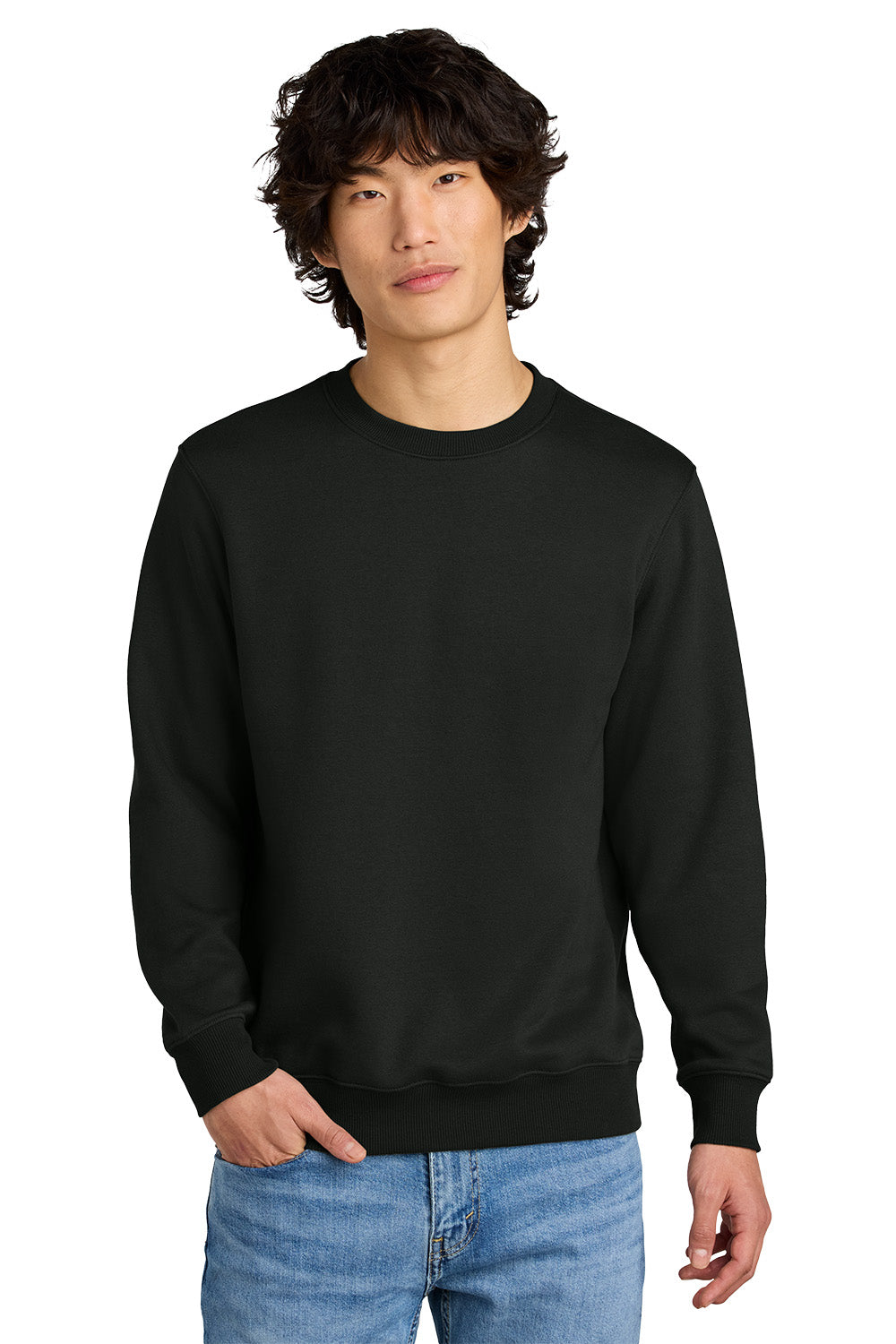Person wearing a black sweatshirt and blue jeans on a white background, Embroidered District® Perfect Weight® Fleece Crew
