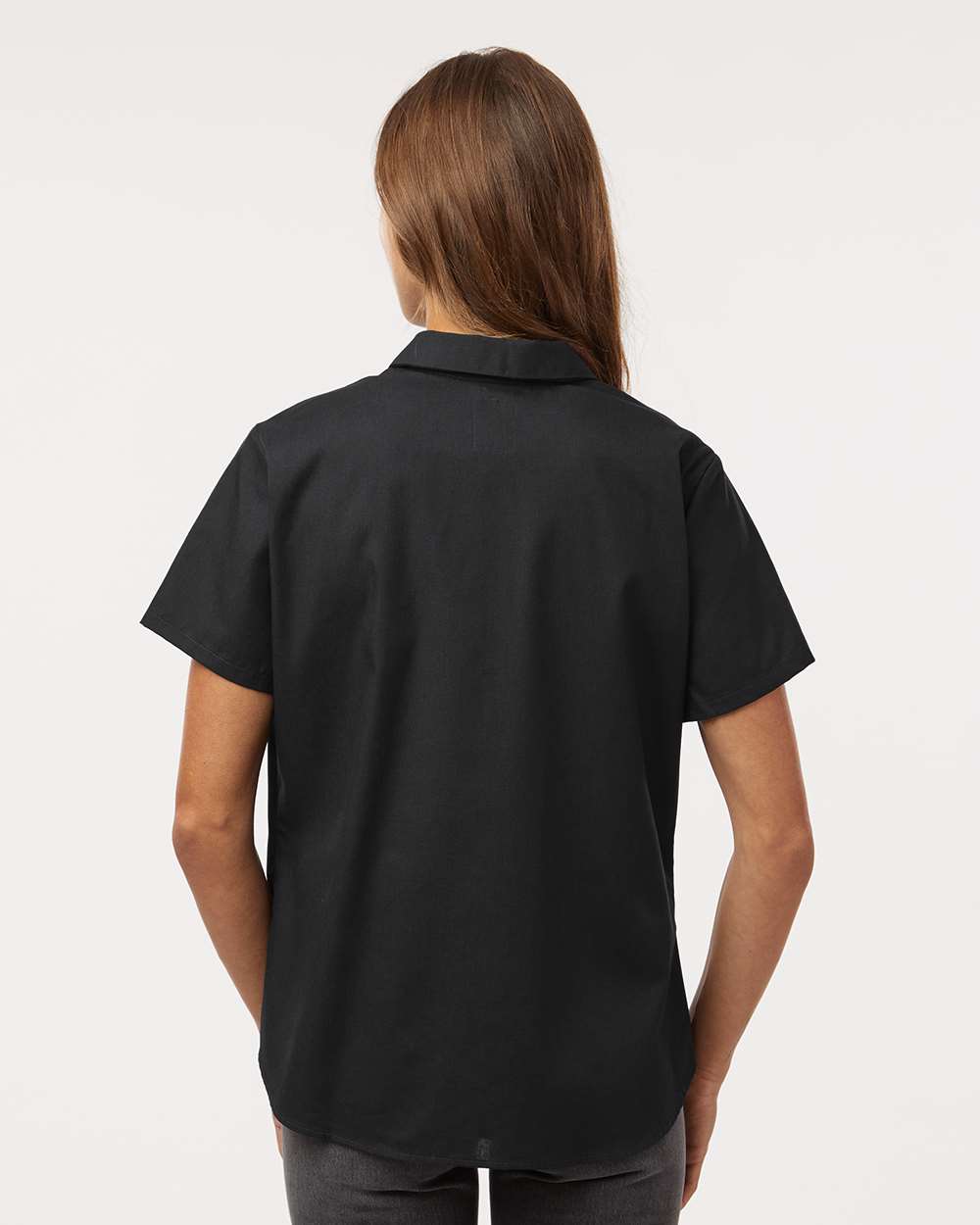 Person wearing a black short-sleeve shirt on a white background, Dickie's Women's Industrial Short Sleeve Work Shirt, Embroidered