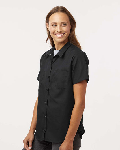 Woman wearing a black short-sleeve shirt on a white background, Dickie's Women's Industrial Short Sleeve Work Shirt, Embroidered