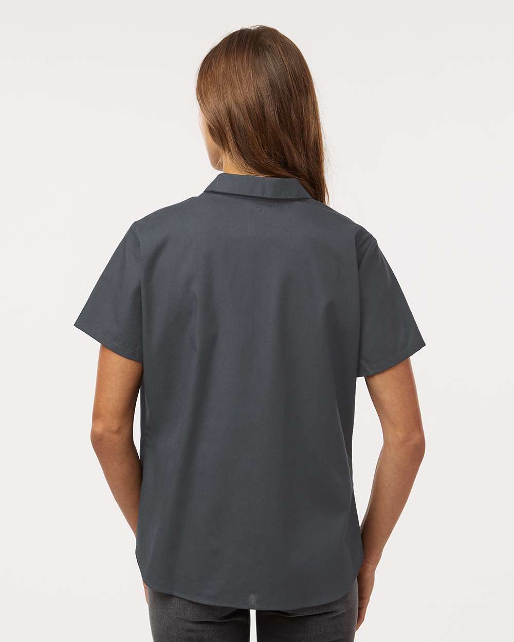Person wearing a gray short-sleeve shirt on a white background, Dickie's Women's Industrial Short Sleeve Work Shirt, Embroidered