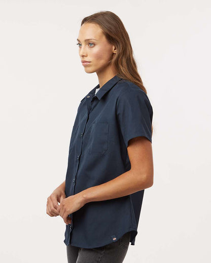 Woman wearing a navy blue short-sleeve shirt on a white background, Dickie's Women's Industrial Short Sleeve Work Shirt, Embroidered