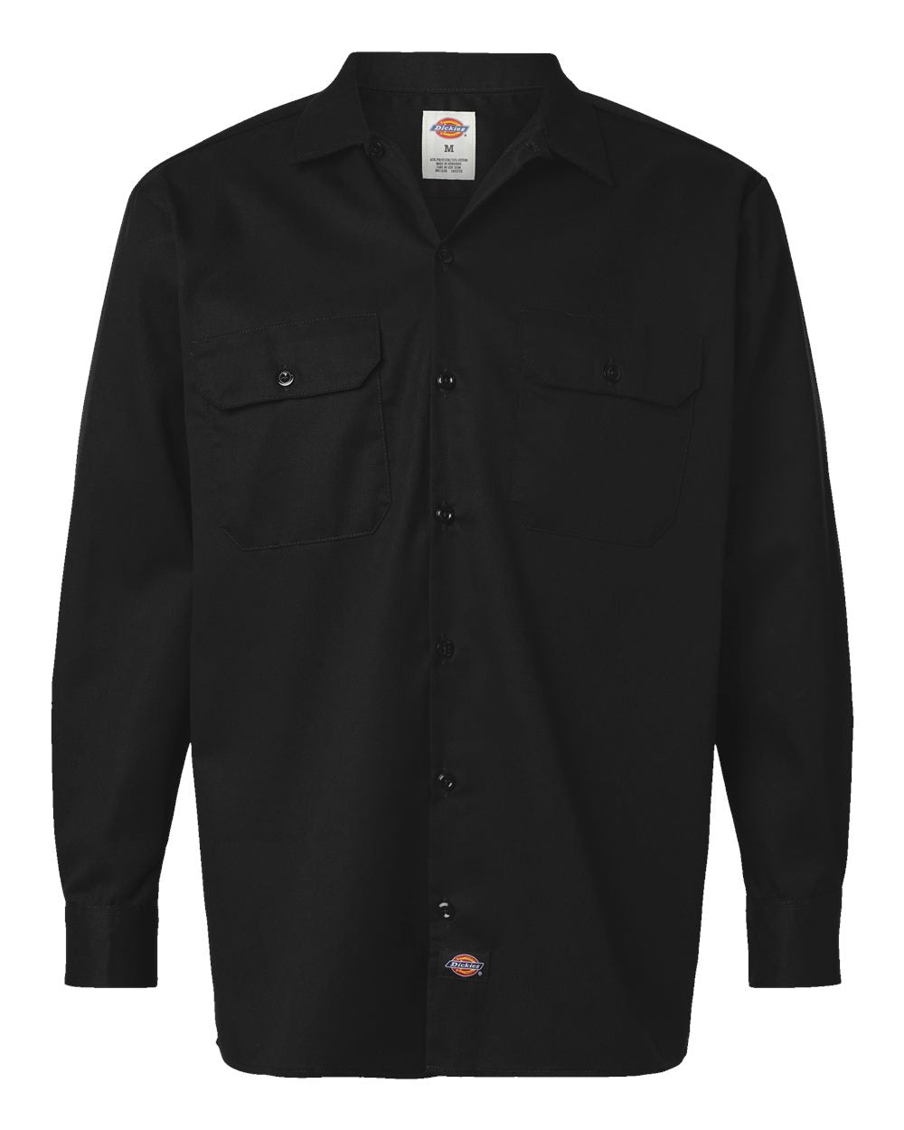 Black work shirt with Dickies logo on a white background. Dickie's Men's Long Sleeve Work Shirt, Embroidered by Helmsman Stitch Co.