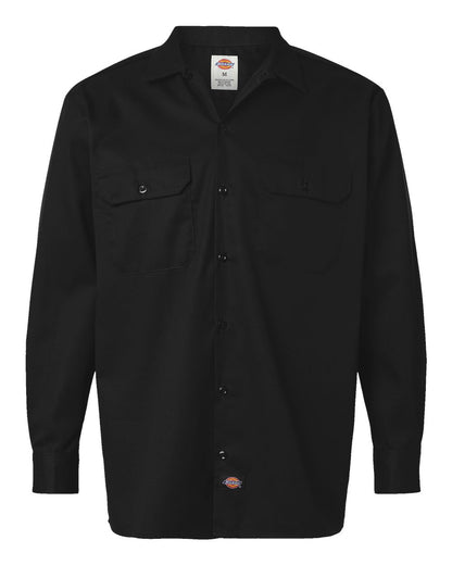 Black work shirt with Dickies logo on a white background. Dickie's Men's Long Sleeve Work Shirt, Embroidered by Helmsman Stitch Co.