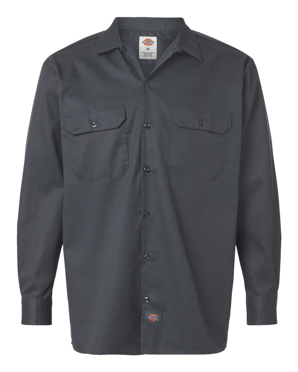 Dark gray work shirt with two front pockets on a white background. Dickie's Men's Long Sleeve Work Shirt, Embroidered by Helmsman Stitch Co.