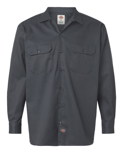 Dark gray work shirt with two front pockets on a white background. Dickie's Men's Long Sleeve Work Shirt, Embroidered by Helmsman Stitch Co.