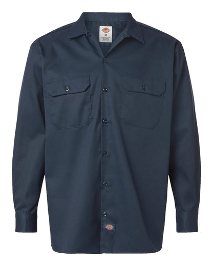 Navy blue work shirt with two front pockets on a white background. Dickie's Men's Long Sleeve Work Shirt, Embroidered by Helmsman Stitch Co.