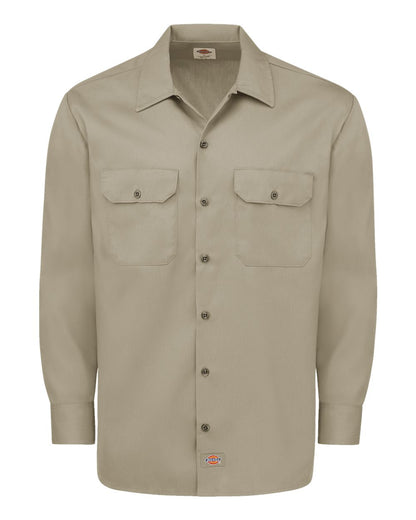 Beige work shirt with button details on a white background. Dickie's Men's Long Sleeve Work Shirt, Embroidered by Helmsman Stitch Co.