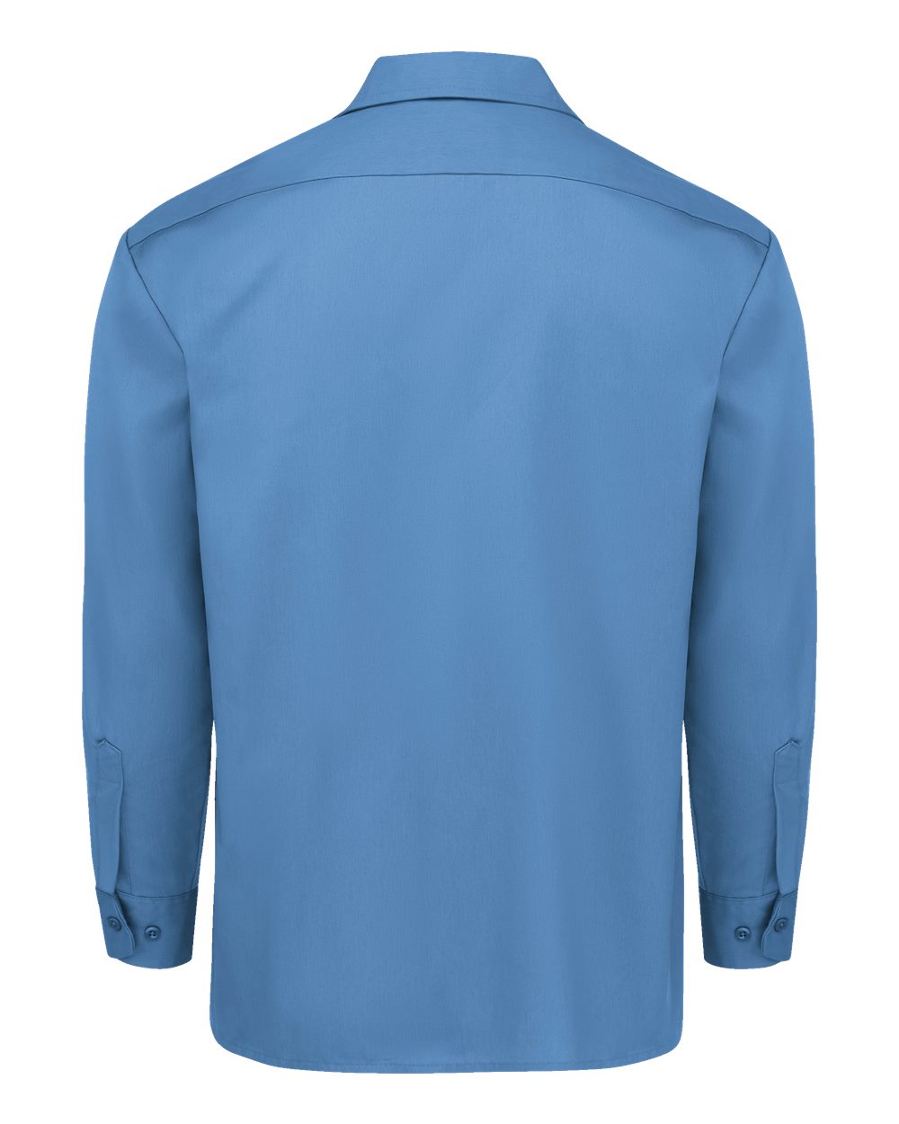 Blue shirt on a white background. Dickie's Men's Long Sleeve Work Shirt, Embroidered by Helmsman Stitch Co.