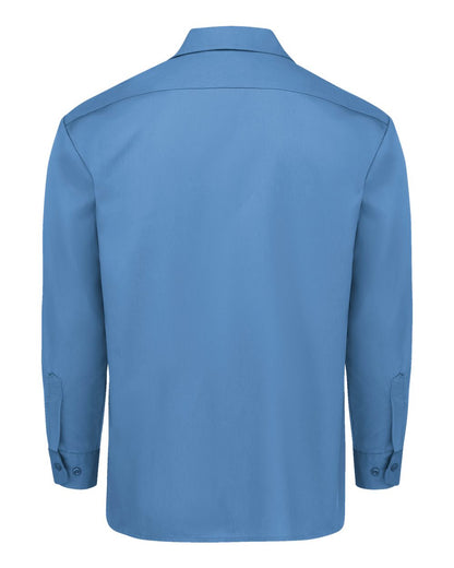 Blue shirt on a white background. Dickie's Men's Long Sleeve Work Shirt, Embroidered by Helmsman Stitch Co.