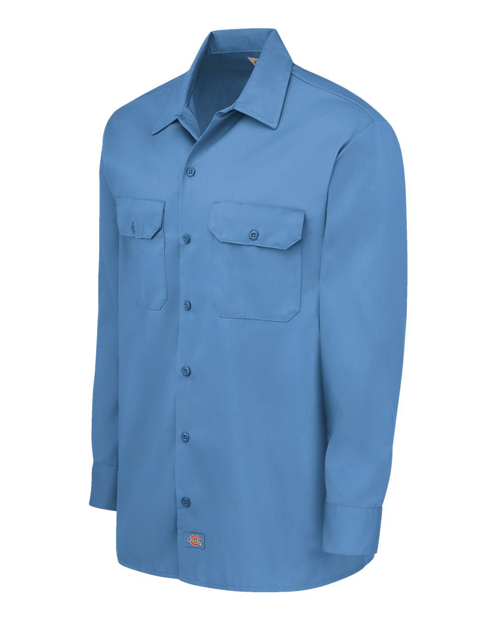 Blue shirt with two front pockets on a white background. Dickie's Men's Long Sleeve Work Shirt, Embroidered by Helmsman Stitch Co.