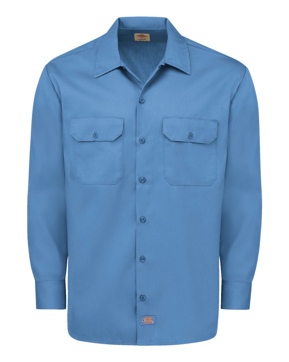 Blue work shirt with two front pockets on a white background. Dickie's Men's Long Sleeve Work Shirt, Embroidered by Helmsman Stitch Co.