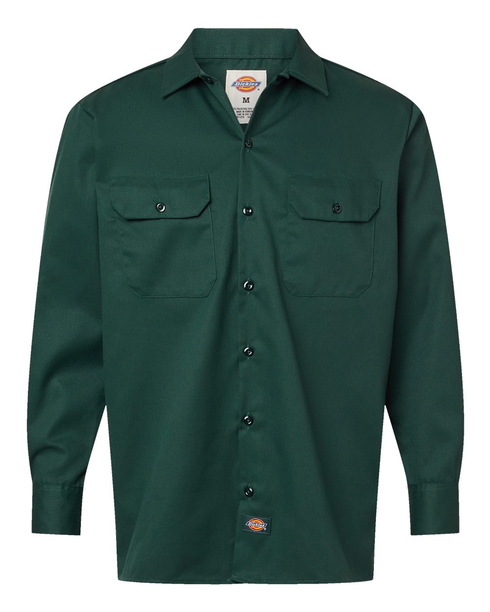 Green work shirt with button details on a white background. Dickie's Men's Long Sleeve Work Shirt, Embroidered by Helmsman Stitch Co.