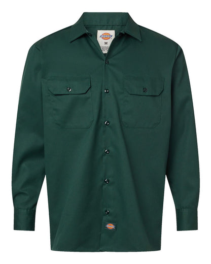 Green work shirt with button details on a white background. Dickie's Men's Long Sleeve Work Shirt, Embroidered by Helmsman Stitch Co.