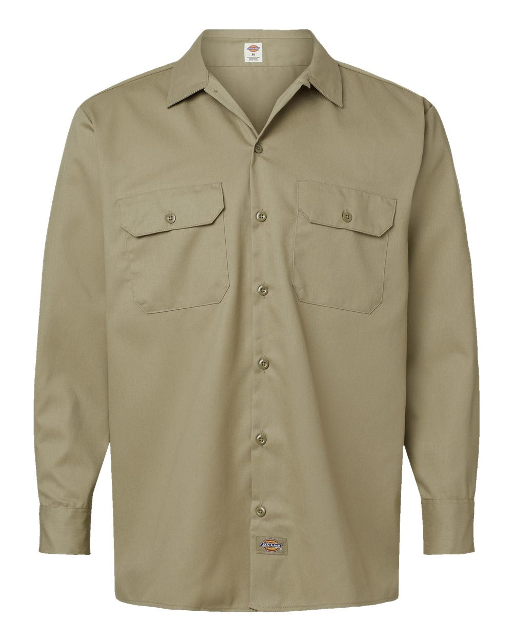 Khaki shirt with two front pockets on a white background. Dickie's Men's Long Sleeve Work Shirt, Embroidered by Helmsman Stitch Co.