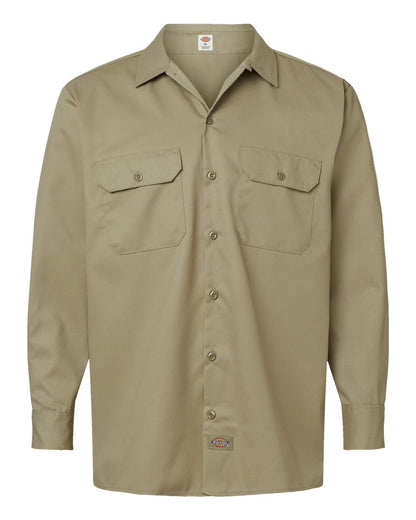 Khaki shirt with two front pockets on a white background. Dickie's Men's Long Sleeve Work Shirt, Embroidered by Helmsman Stitch Co.
