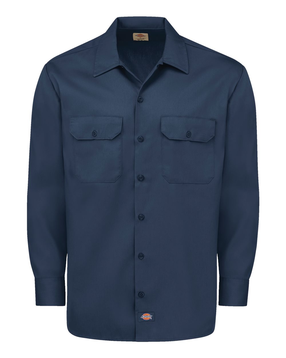 Navy blue shirt with two front pockets on a white background. Dickie's Men's Long Sleeve Work Shirt, Embroidered by Helmsman Stitch Co.
