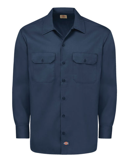 Navy blue shirt with two front pockets on a white background. Dickie's Men's Long Sleeve Work Shirt, Embroidered by Helmsman Stitch Co.