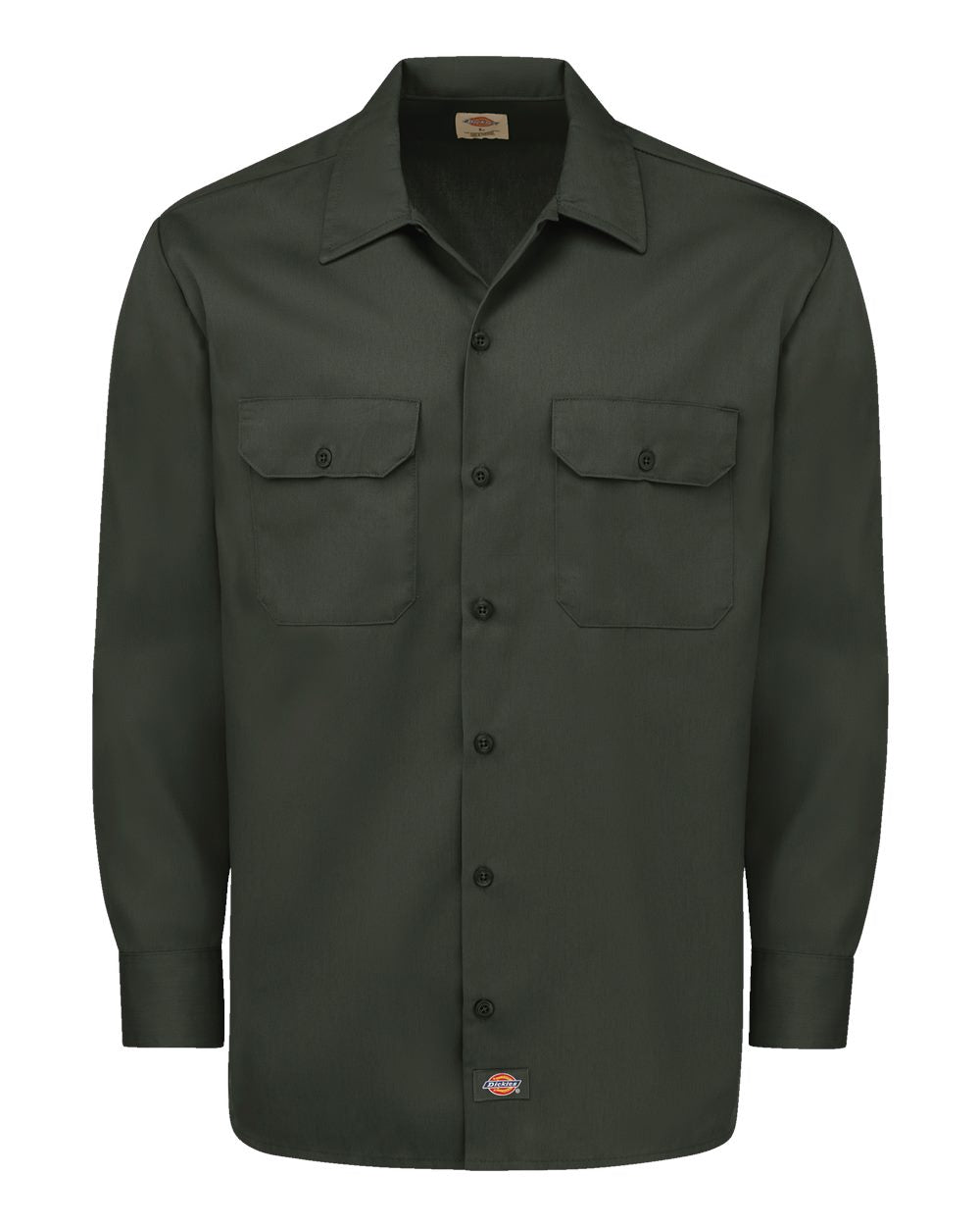 Dark green button-up shirt with two front pockets on a white background. Dickie's Men's Long Sleeve Work Shirt, Embroidered by Helmsman Stitch Co.