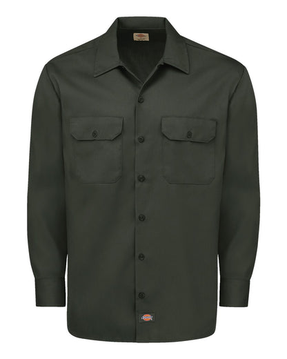Dark green button-up shirt with two front pockets on a white background. Dickie's Men's Long Sleeve Work Shirt, Embroidered by Helmsman Stitch Co.