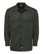 Dark green button-up shirt with two front pockets on a white background. Dickie's Men's Long Sleeve Work Shirt, Embroidered by Helmsman Stitch Co.