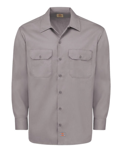 Gray button-up shirt with two front pockets on a white background. Dickie's Men's Long Sleeve Work Shirt, Embroidered by Helmsman Stitch Co.