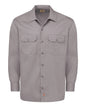 Gray button-up shirt with two front pockets on a white background. Dickie's Men's Long Sleeve Work Shirt, Embroidered by Helmsman Stitch Co.