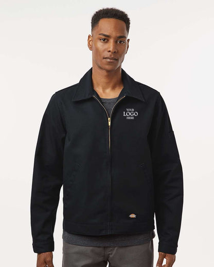 Man wearing a black jacket with customizable logo text on a white background. Dickie's Men's Unlined Industrial Eisenhower Jacket, Embroidered