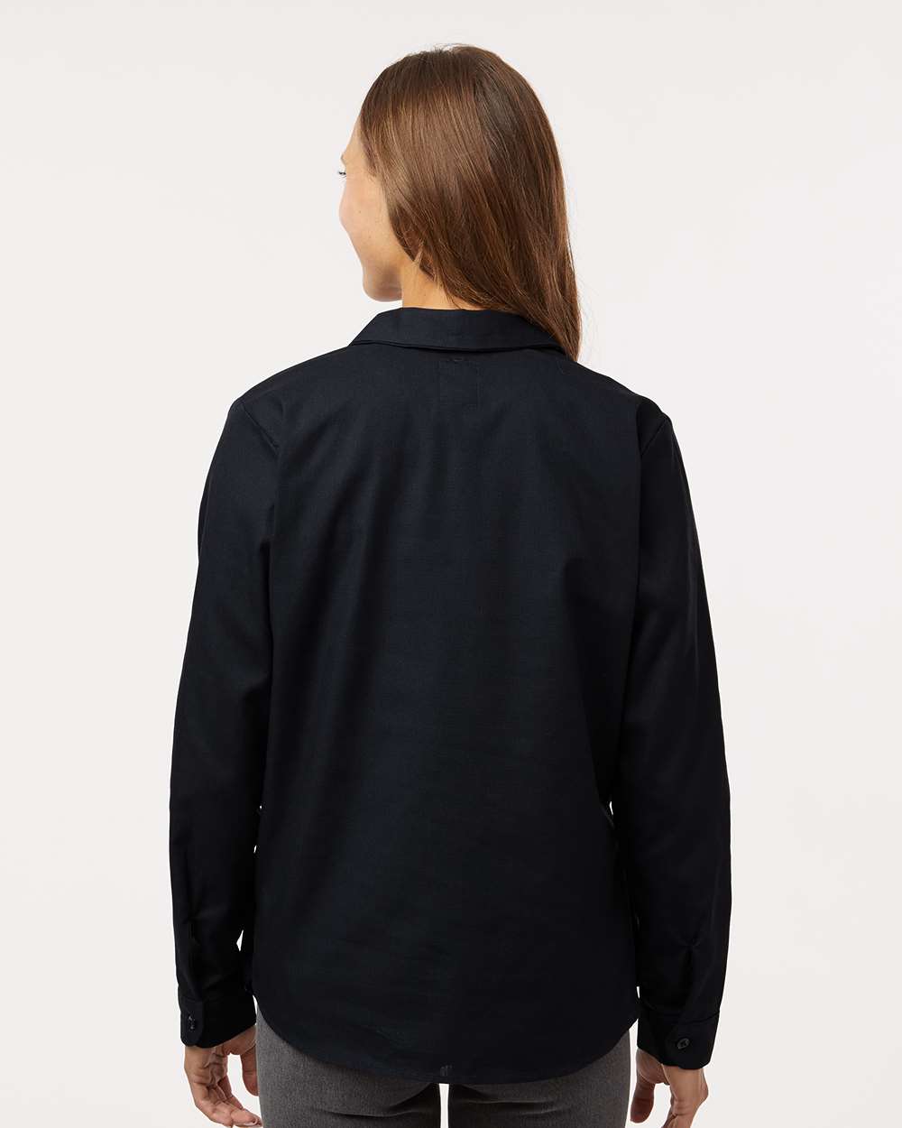 Person wearing a black shirt on a white background, Dickie's Women's Industrial Long Sleeve Work Shirt, Embroidered