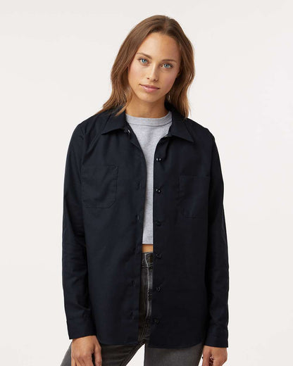 Woman wearing a black jacket over a gray shirt on a white background, Dickie's Women's Industrial Long Sleeve Work Shirt, Embroidered